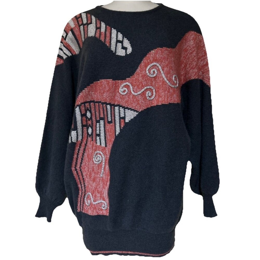VTG L'Ultima Angora Abstract Peach 80s knit Batwing Dolman Sleeve Sweater Art